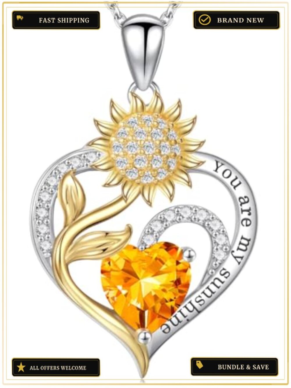 925 Sterling Silver Sunflower Birthstone Pendant Necklace Women Gift